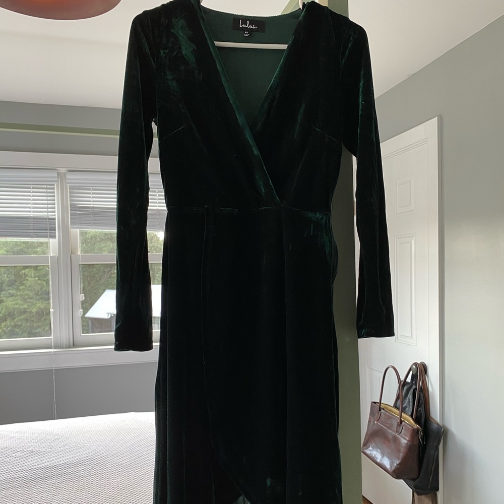 Lulus High Low Green Velvet Long sleeve Dress